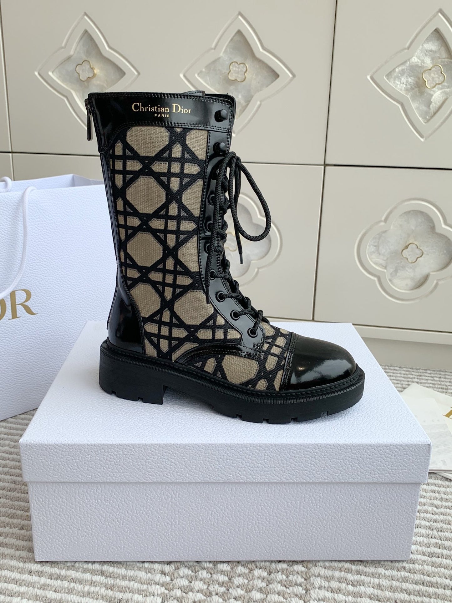 DIOR D-Unit Ankle Boot In Dark Beige Mix Black Canvas And Glossy Cowhide 105082