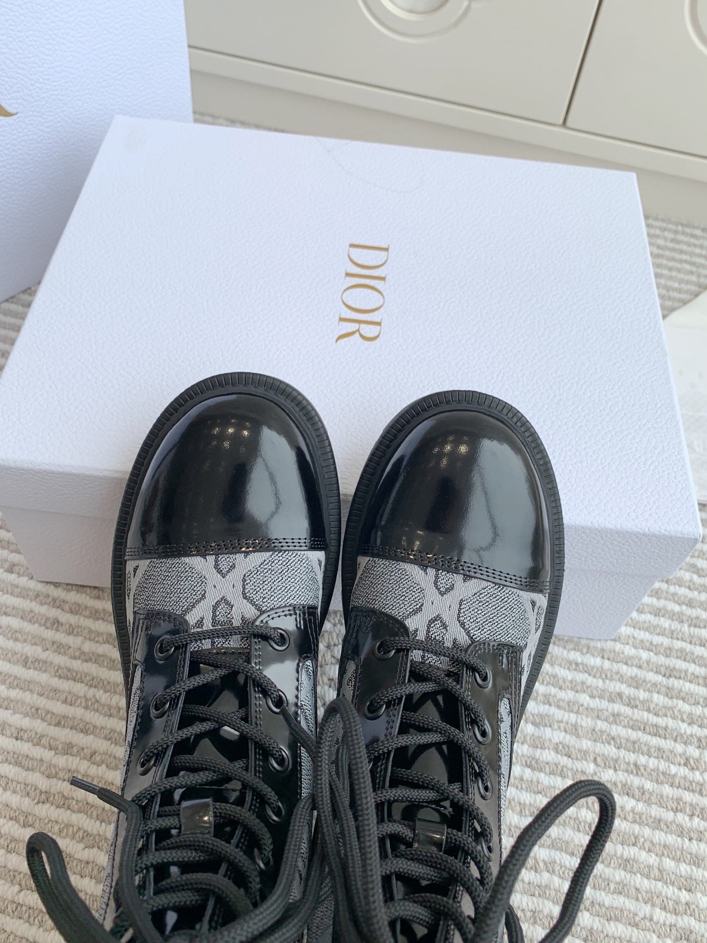 DIOR D-Unit Ankle Boot In Grey Mix Black Denim Fabric And Glossy Cowhide 105084