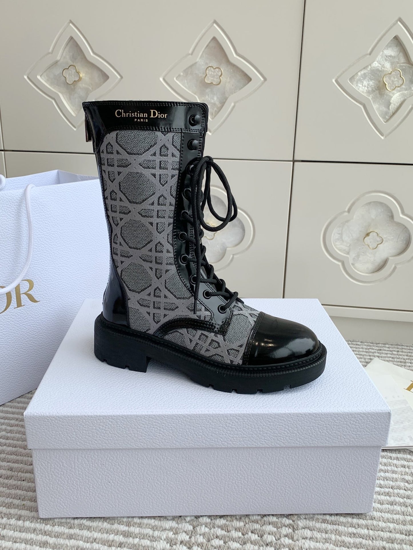 DIOR D-Unit Ankle Boot In Grey Mix Black Denim Fabric And Glossy Cowhide 105084