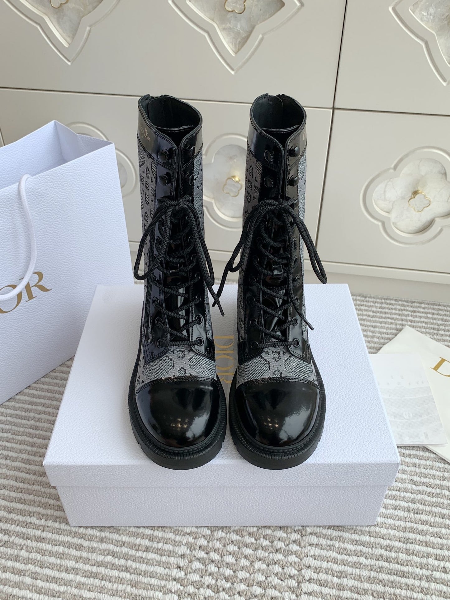DIOR D-Unit Ankle Boot In Grey Mix Black Denim Fabric And Glossy Cowhide 105084