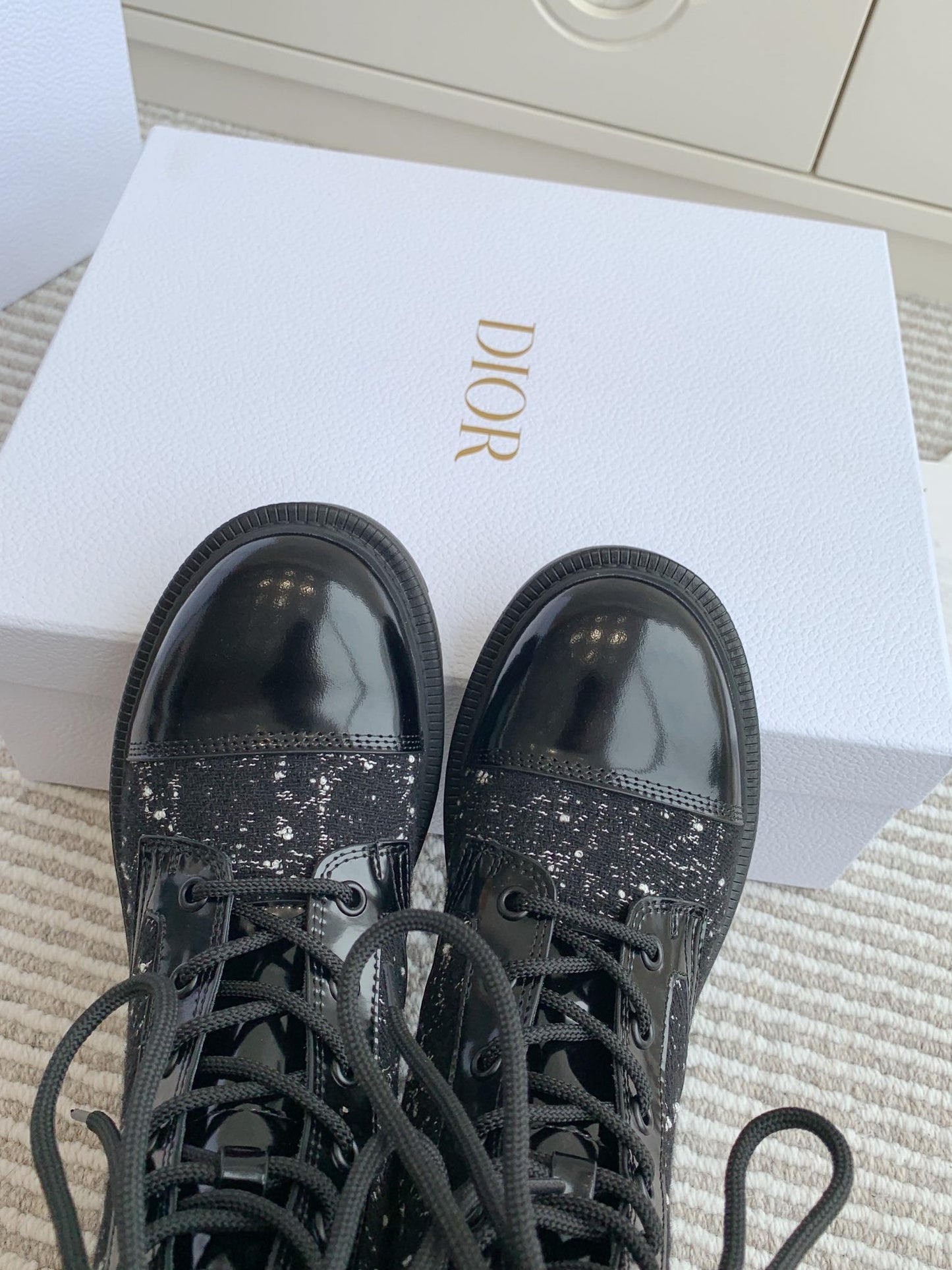 DIOR D-Unit Ankle Boot In Black Tweed Fabric And Glossy Cowhide 105086