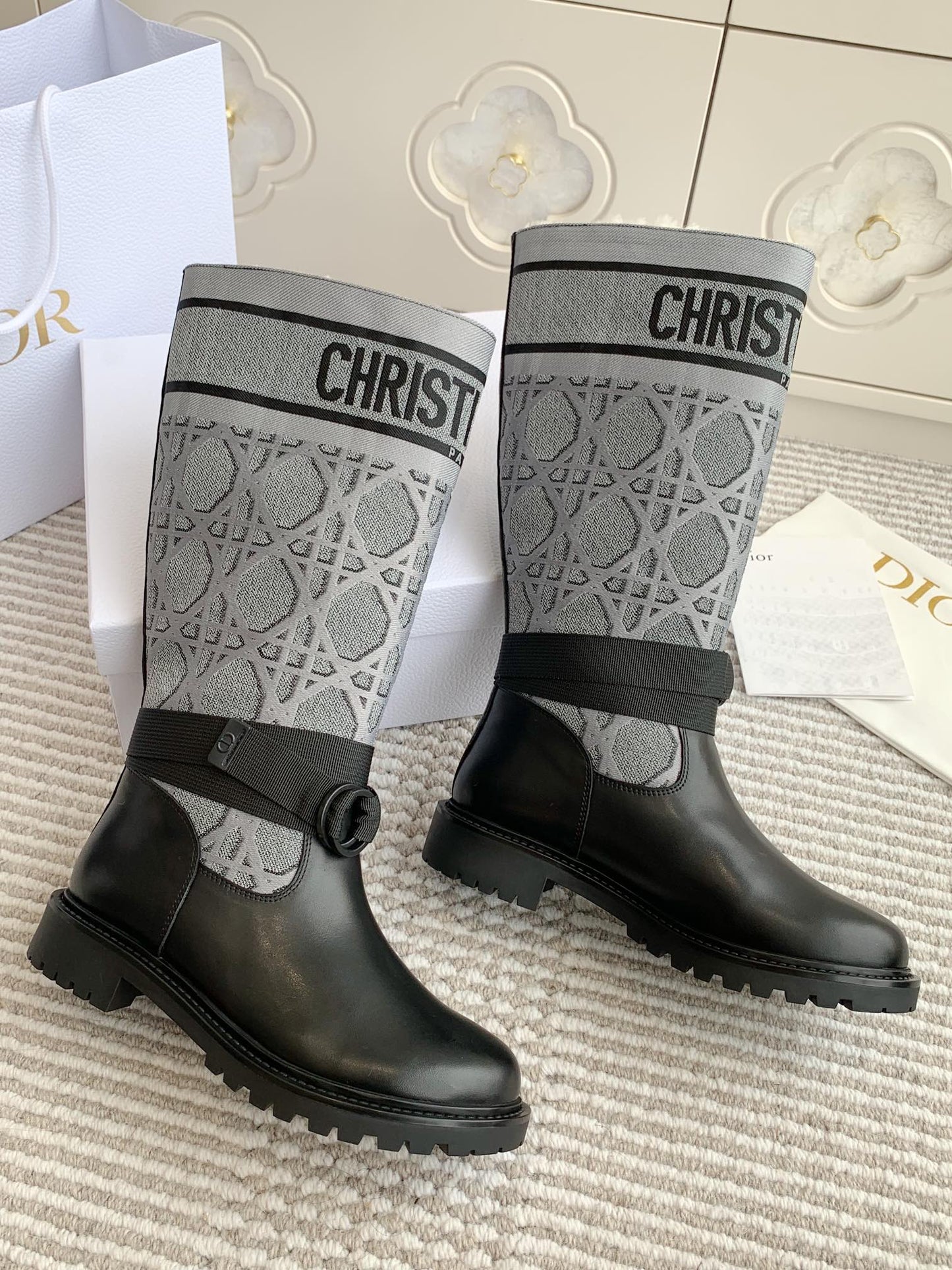 DIOR D-Major Boot In Grey Mix Black Denim Fabric With Fleece Lining 105070