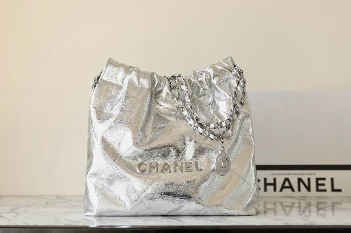 CHANEL 25C Hobo 22 Bag 35cm Silver Metalic Lambskin