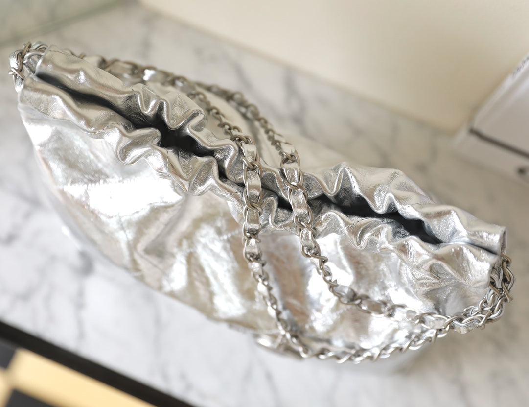 CHANEL 25C Hobo 22 Bag 35cm Silver Metalic Lambskin