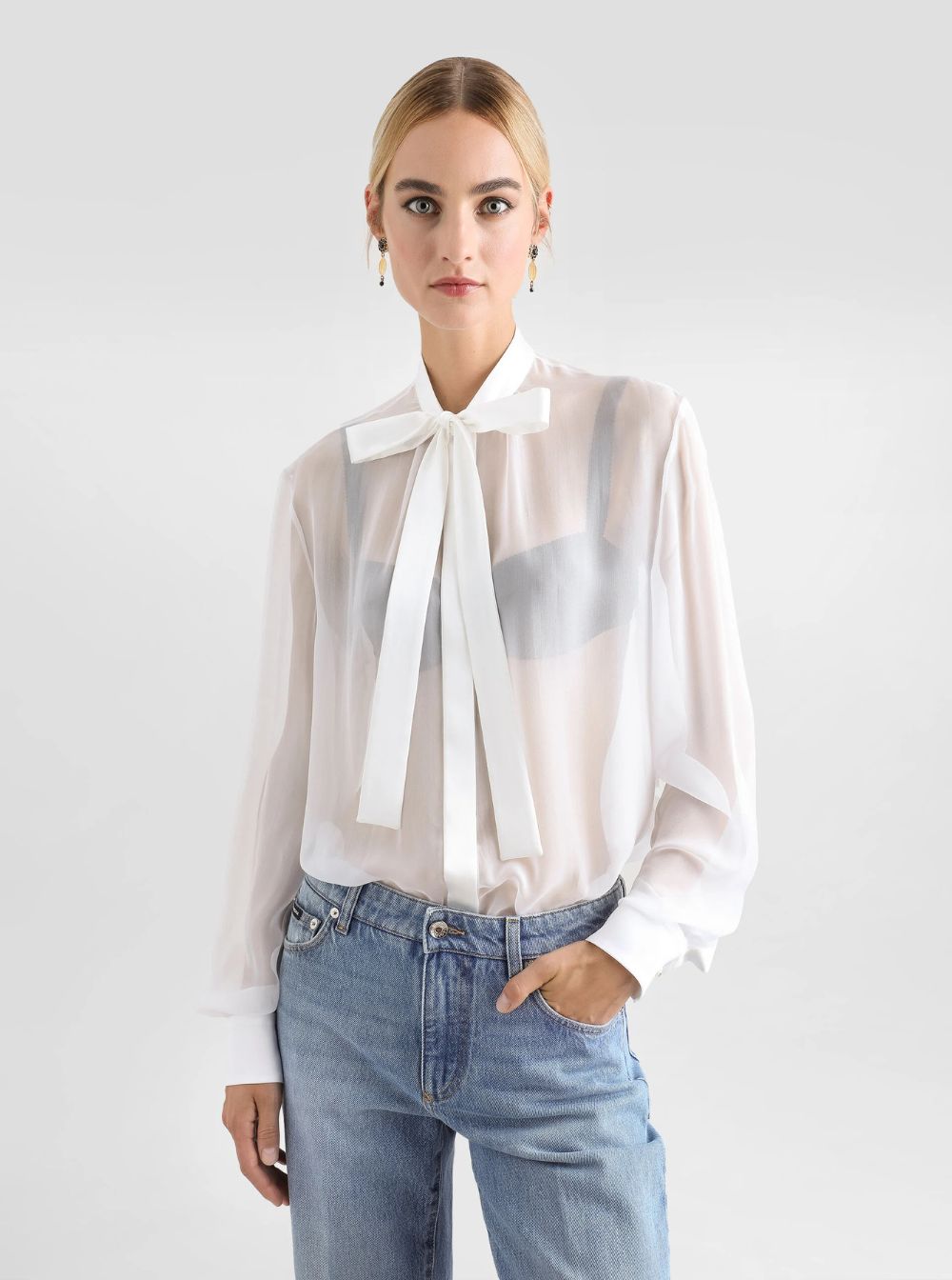Dolce & Gabbana Women White Shirt With Pussy-Bow Collar In Silk Woman