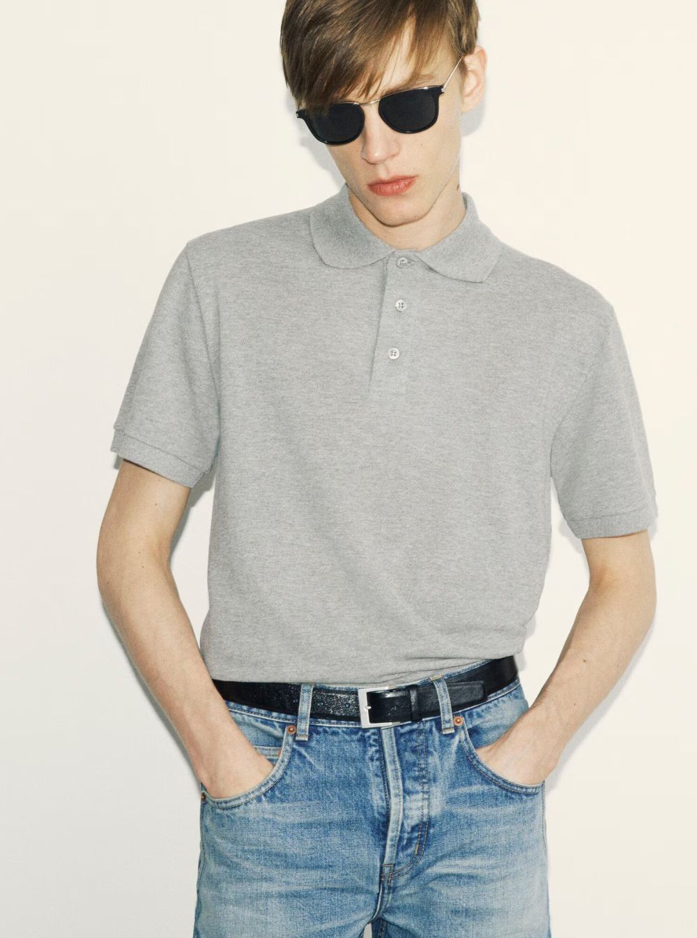 Saint Laurent Men Grey Polo Shirt With Tone-On-Tone Embroidered Logo On The Front In Cotton Blend Man