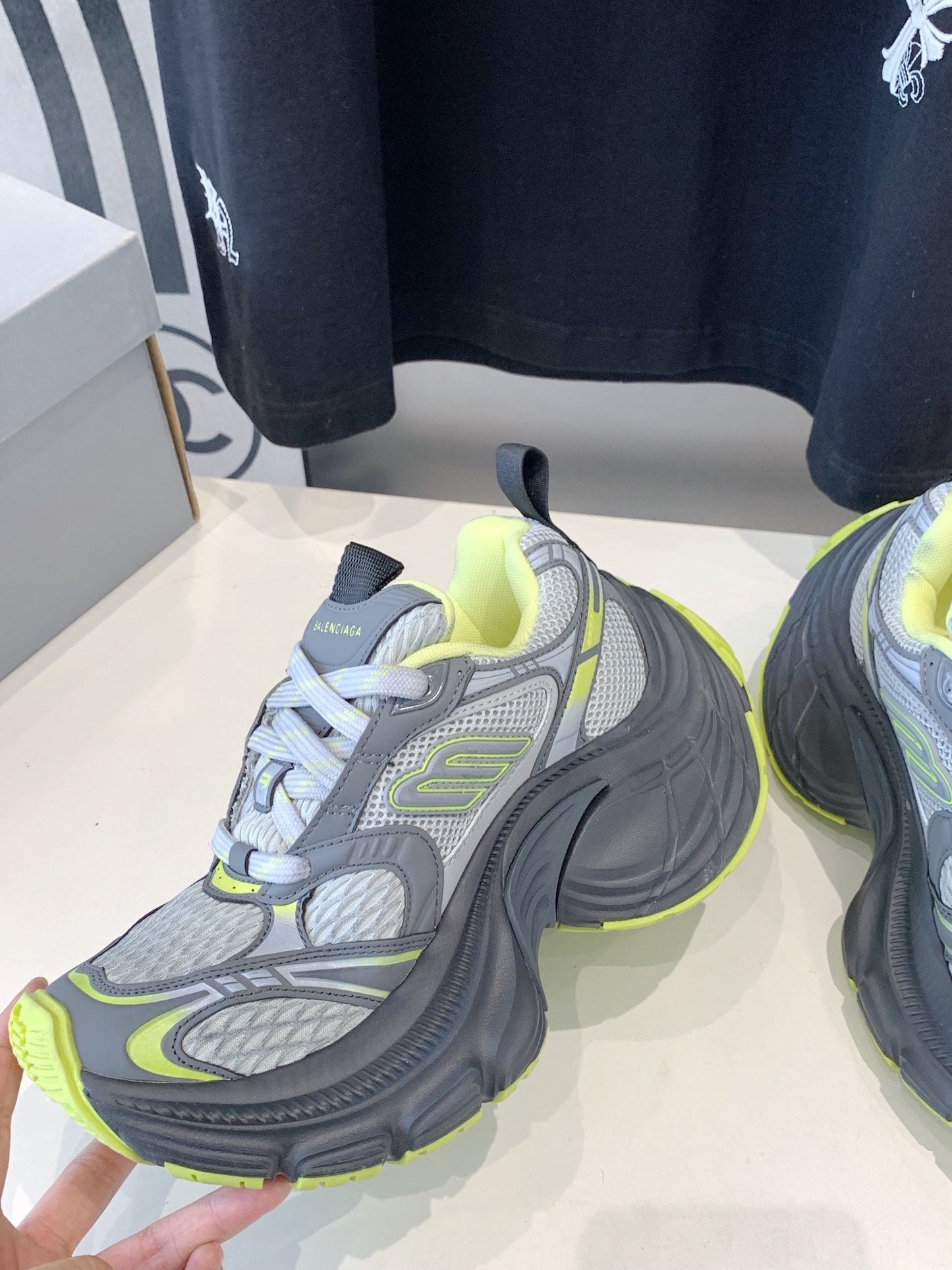 Balanciaga DAD SHOES IN GRAY MIX NEON GREEN MESH AND CALFSKIN