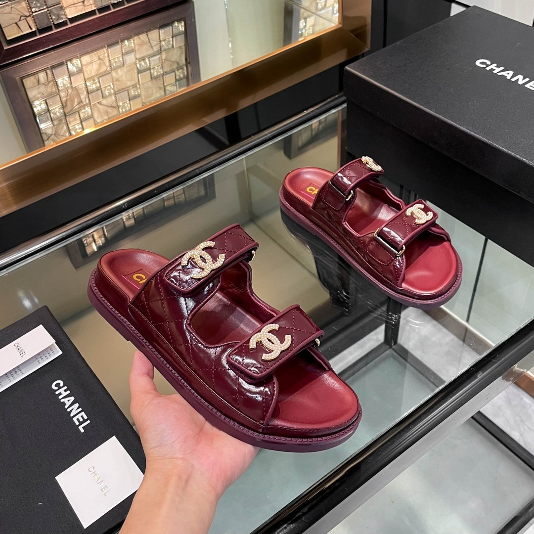 CHANEL 25S Dad Sandal Mule Burgundy Patent Calfskin