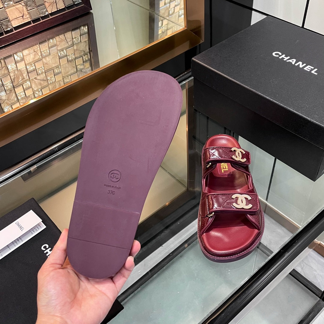 CHANEL 25S Dad Sandal Mule Burgundy Patent Calfskin