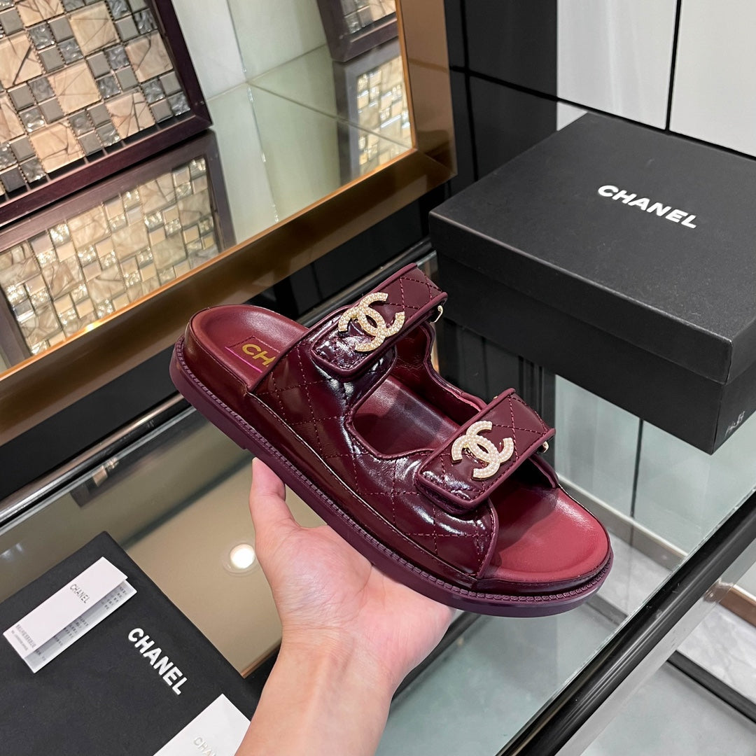 CHANEL 25S Dad Sandal Mule Burgundy Patent Calfskin