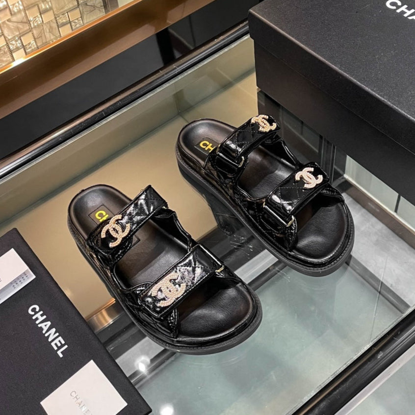 CHANEL 25S Dad Sandal Mule Black Patent Calfskin