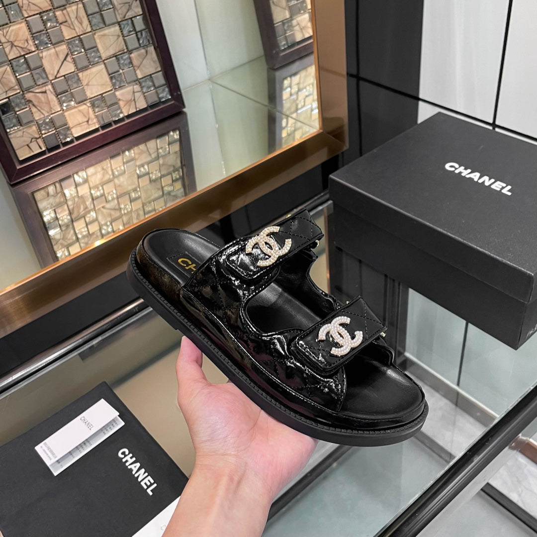 CHANEL 25S Dad Sandal Mule Black Patent Calfskin