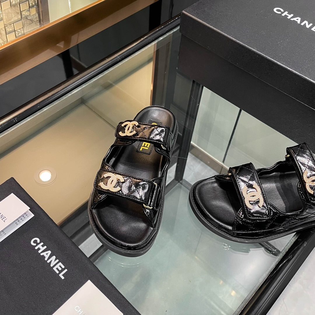 CHANEL 25S Dad Sandal Mule Black Patent Calfskin