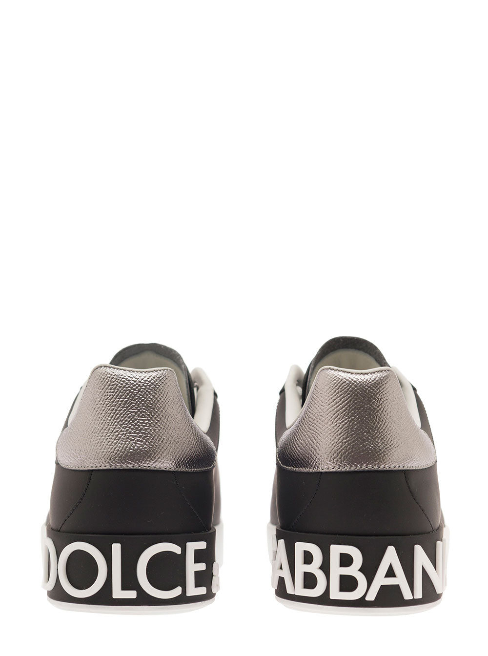 Dolce & Gabbana Men 'Portofino' Black Low Top Sneakers With Metal Heel Tab And Logo Patch In Leather Man