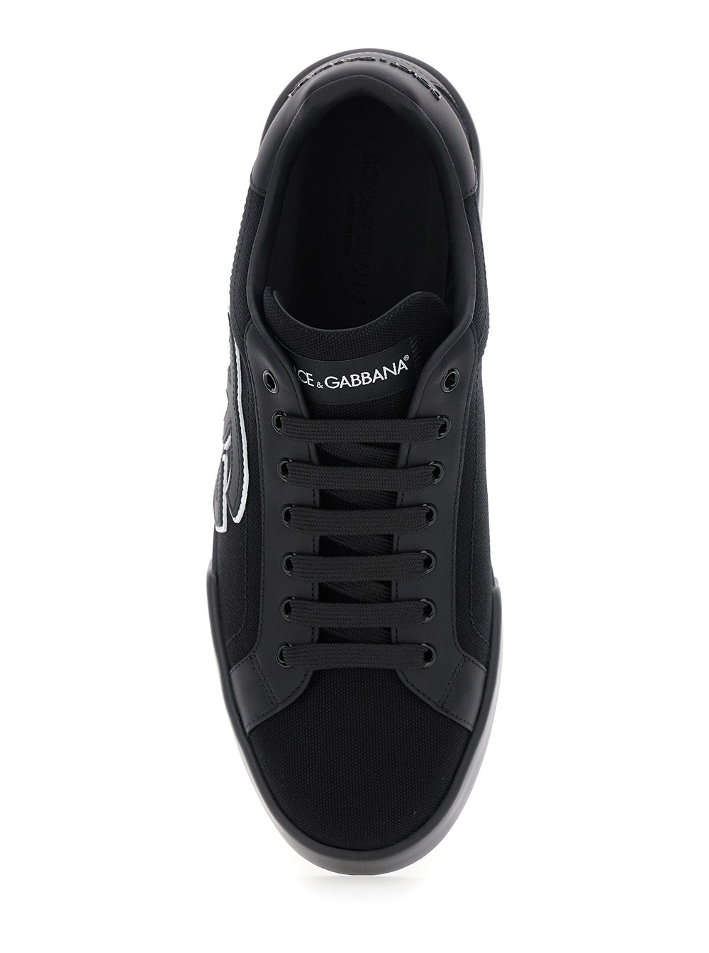 Dolce & Gabbana Men 'Portofino' Black Low Top Sneakers With Logo Embroidery On The Side And Logo Patch On The Tongue In Cotton Blend Man