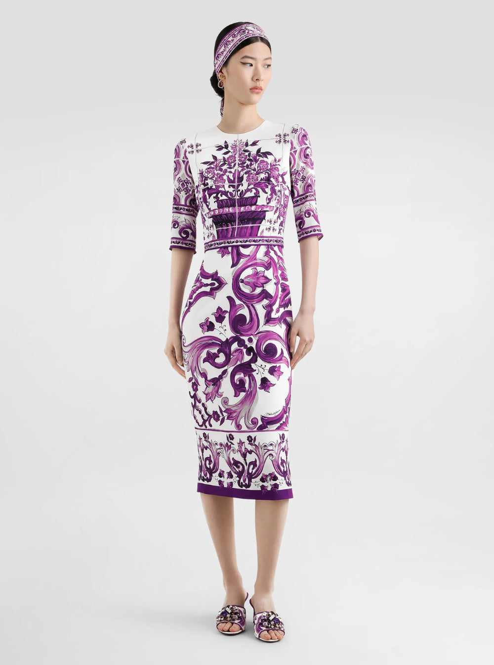 Dolce & Gabbana Women Violet Crewneck Dress With Rear Zip Closure And All-Over Floral Print In Silk Stretch Woman