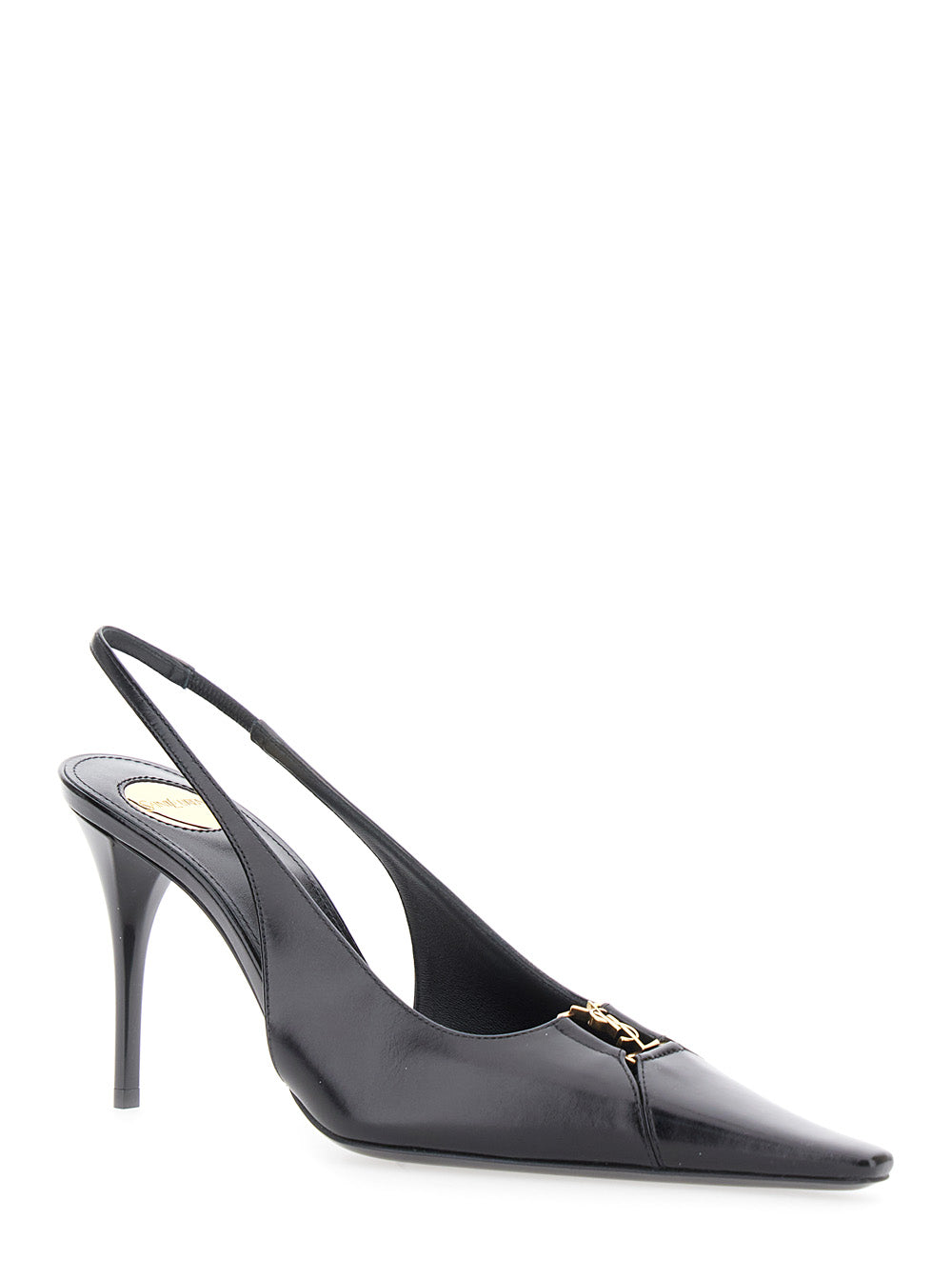 Saint Laurent Women 'Babylone' Black Slingback Pumps With Cut-Out Toe With Cassandre Plaque And High Stiletto Heel In Leather Woman