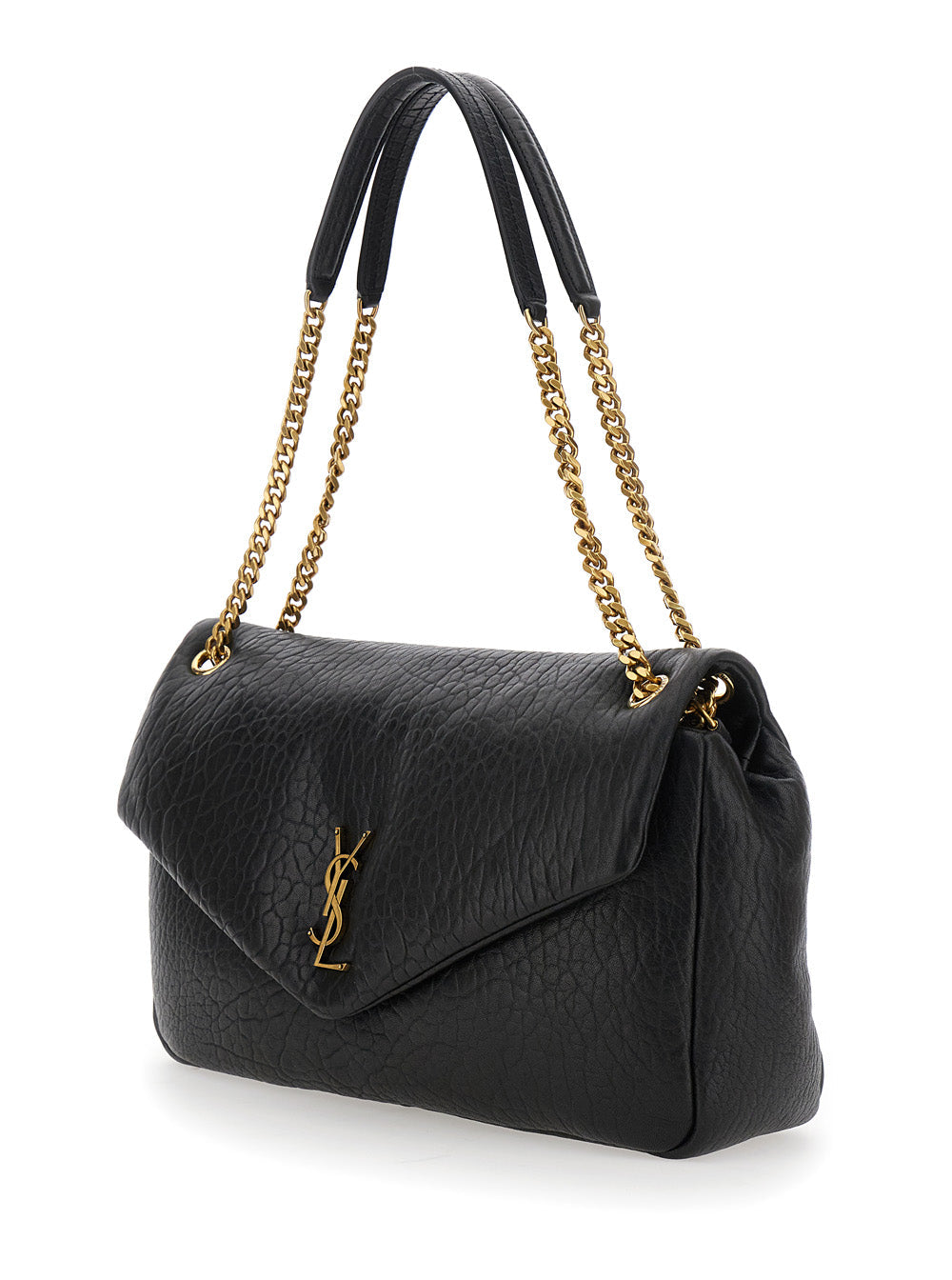 Saint Laurent Women Black Shoulder Bag With Metallic Cassandre On The Front In Hammered Leather Woman