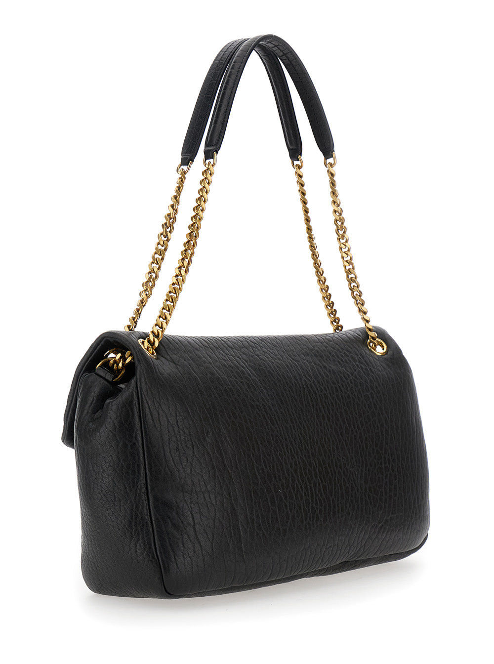 Saint Laurent Women Black Shoulder Bag With Metallic Cassandre On The Front In Hammered Leather Woman