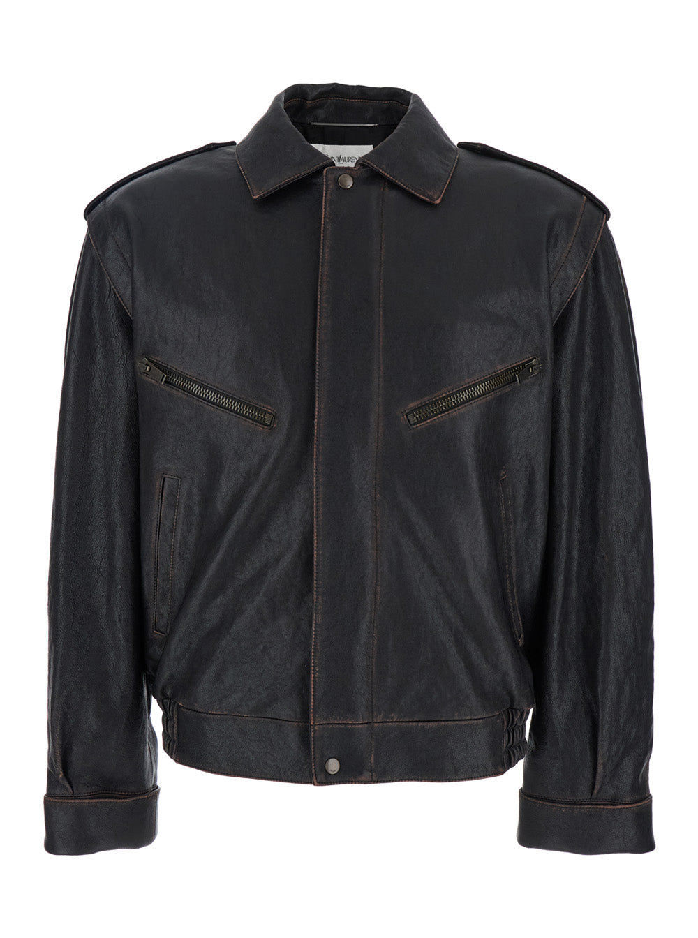 Saint Laurent Men Brown Jacket With Lived Effect And Front Welt Pockets In Leather Man