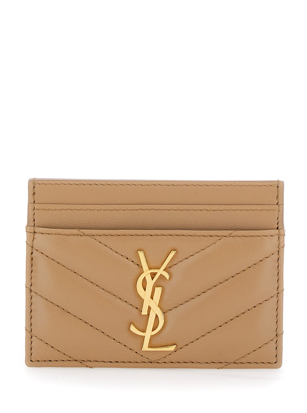 Saint Laurent Women Beige Card Holder With Cassandre Plaque On Front In Chevron Leather Woman