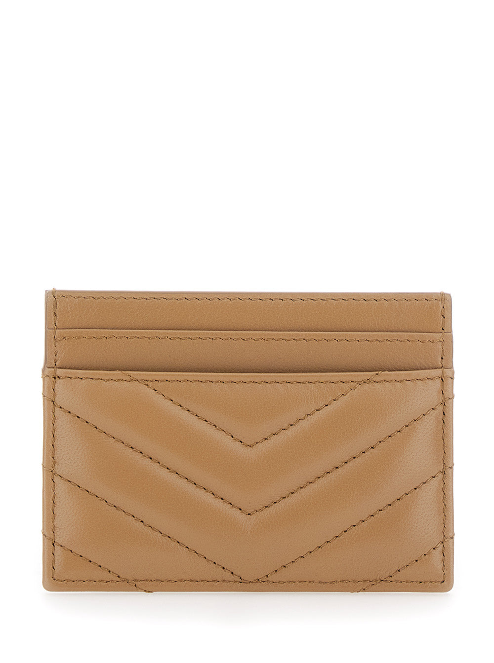 Saint Laurent Women Beige Card Holder With Cassandre Plaque On Front In Chevron Leather Woman