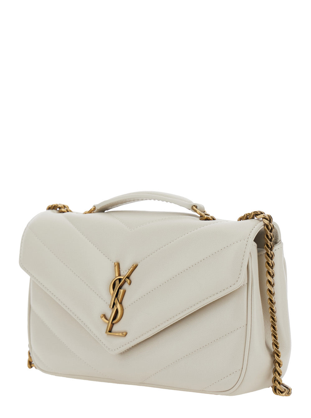 Saint Laurent Women 'Loulou Small' White Shoulder Bag With Front Logo Plaque In Chevron Leather Woman