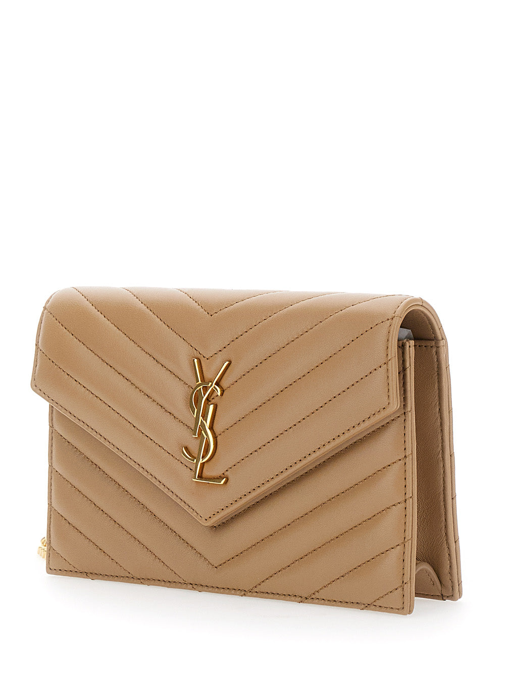 Saint Laurent Women Beige Mini Bag With Cassandre Plaque On The Front And Chain-Link Shoulder Strap In Quilted Leather Woman