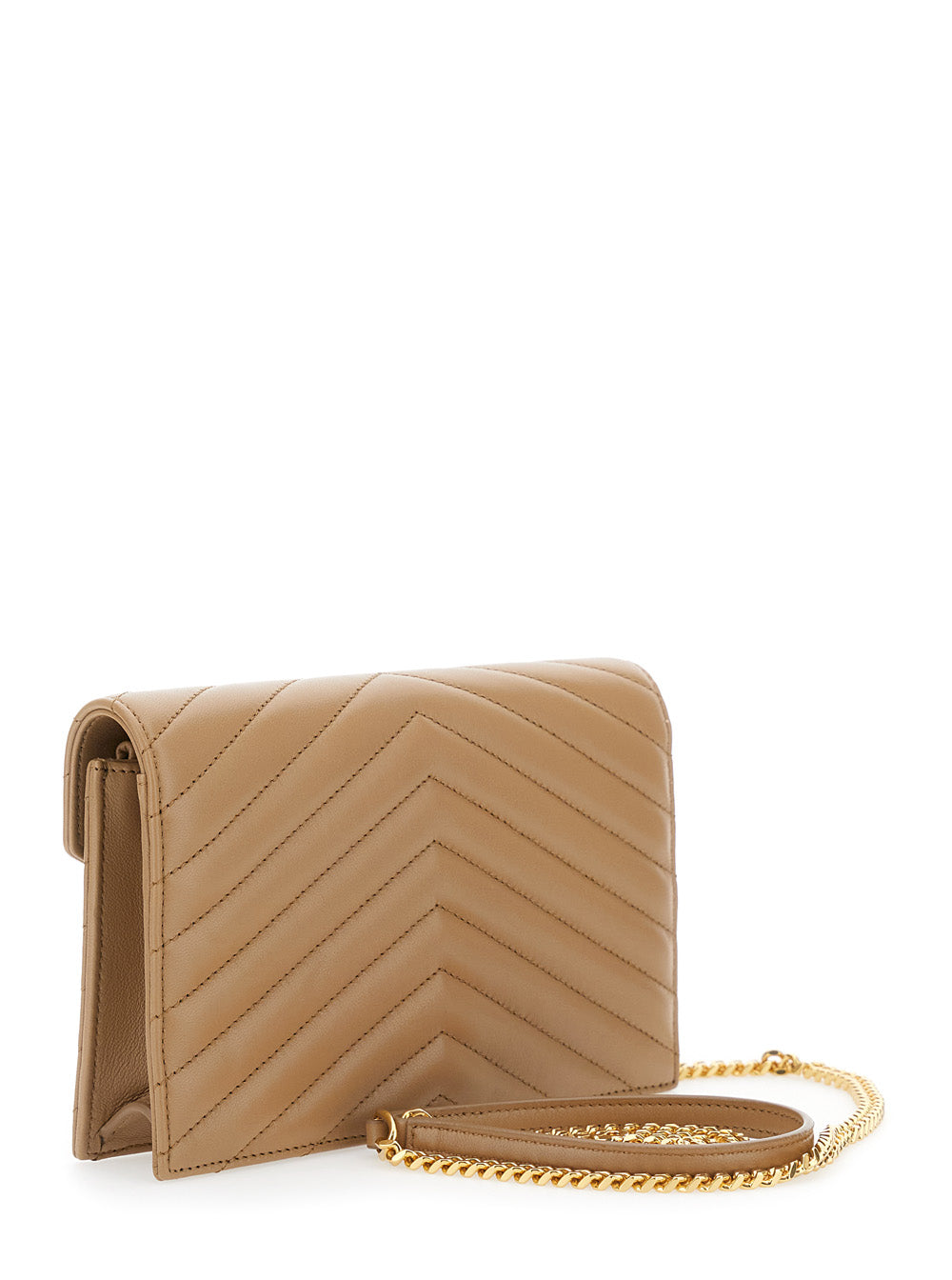 Saint Laurent Women Beige Mini Bag With Cassandre Plaque On The Front And Chain-Link Shoulder Strap In Quilted Leather Woman