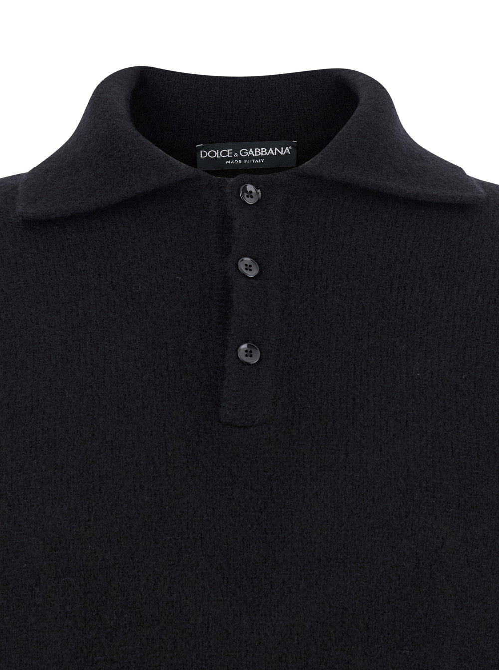 Dolce & Gabbana Men Black Sweater With Polo Collar And Back Logo Patch In Wool Man