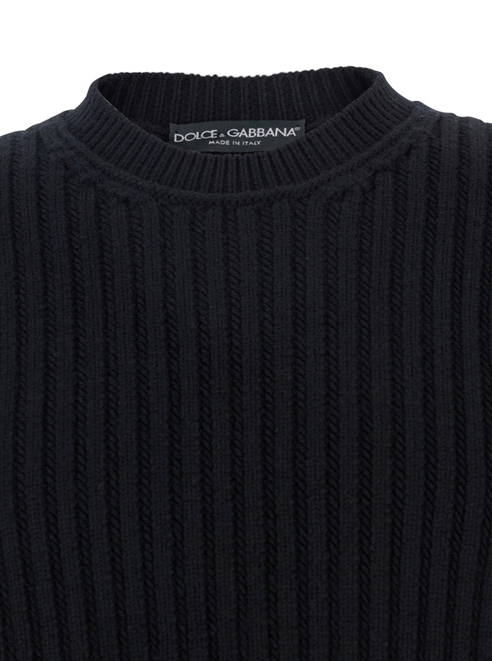 Dolce & Gabbana Men Black Ribbed Knit Crewneck Sweater With Logo Patch On The Rear In Wool Man