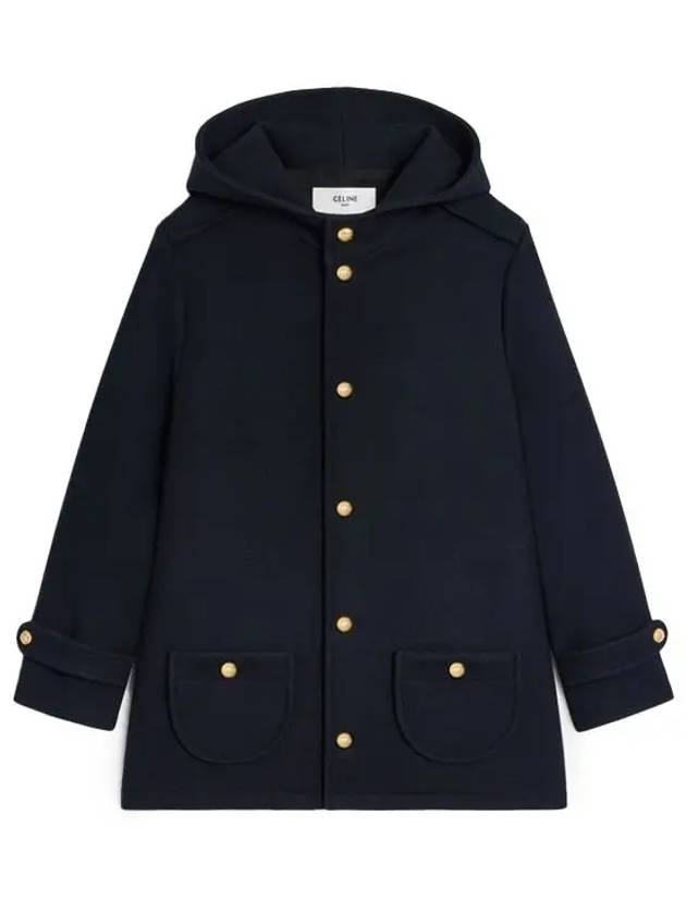 CELINE Triomphe Hooded Wool Single Coat Navy