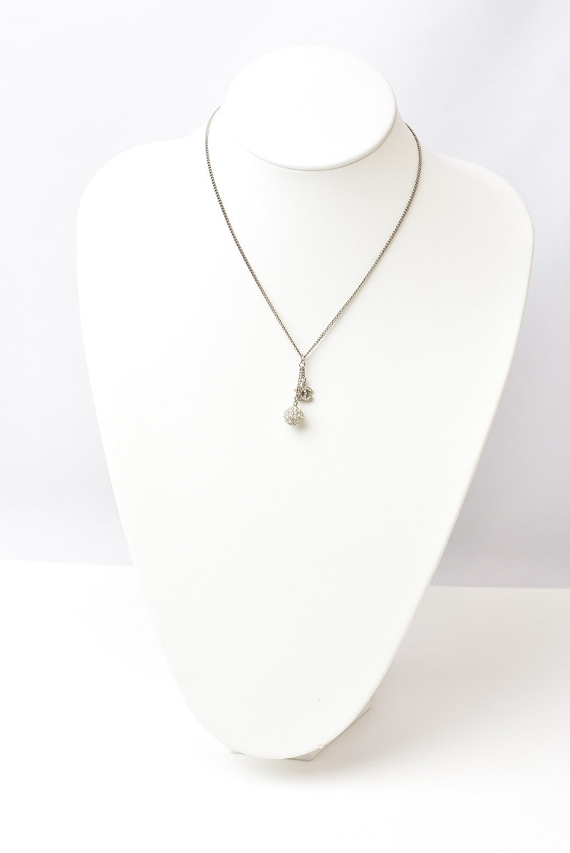 Chanel 2way Necklace/Pendant with Rhinestones and Silver CC Ball