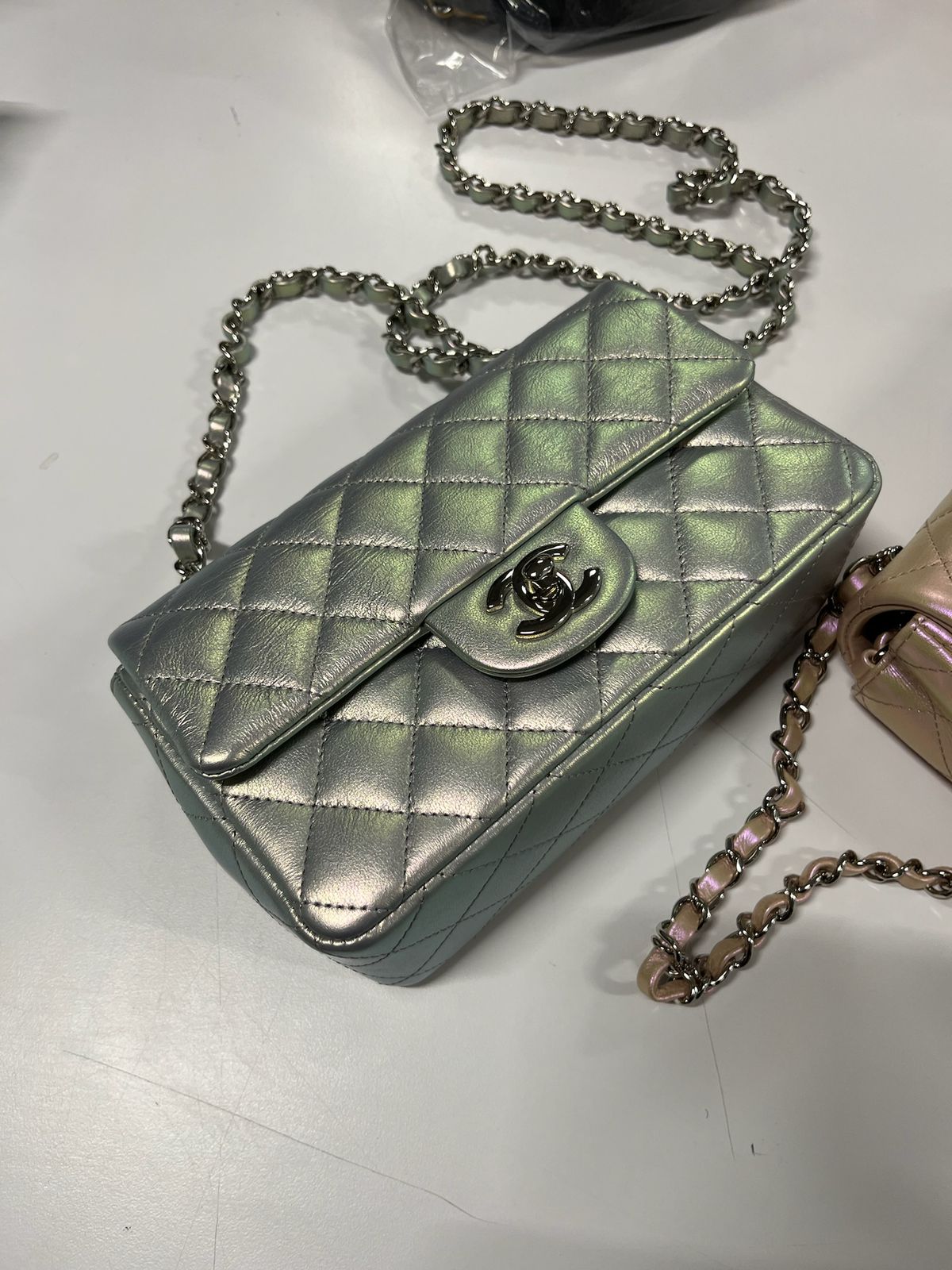 CHANEL - Silver Iridescent Lambskin Mini Rectangular Flap Bag