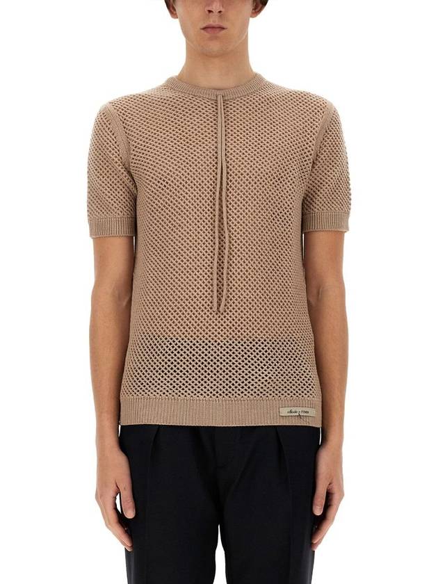 Fendi Mesh Ribbed Wool Knit Top Beige