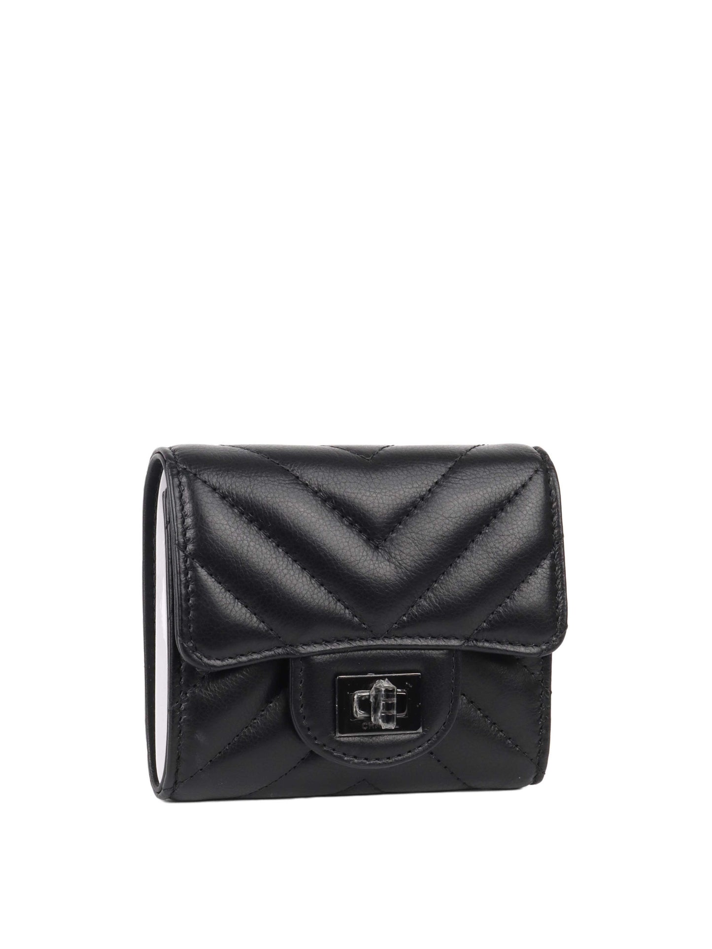 Chanel All Black Chevron 2.55 Compact Wallet.