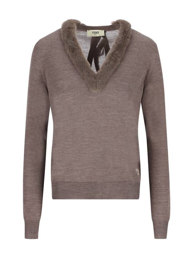 Fendi V-Neck Knit Top Grey