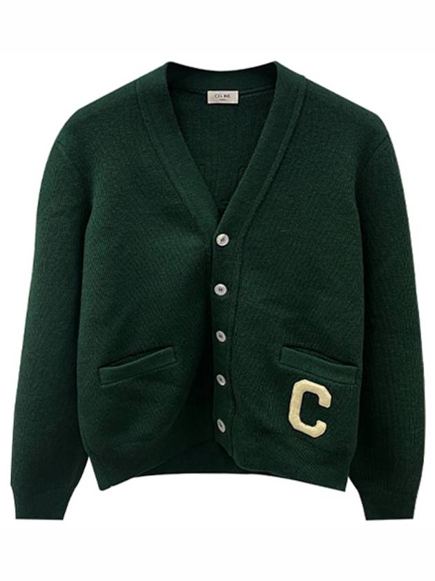 CELINE Paris Logo Patch Wool Cardigan Forest