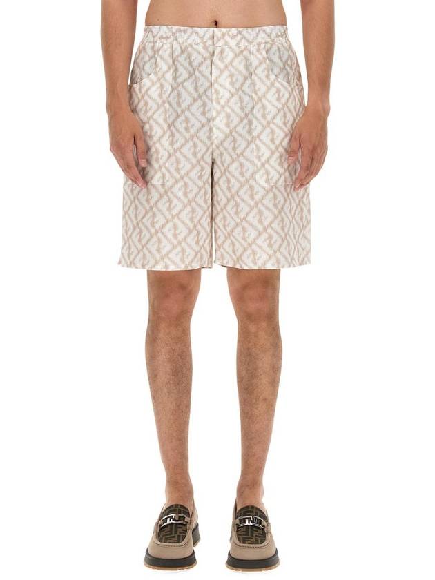 Fendi Logo Monogram Linen Bermuda Shorts Beige