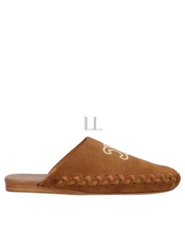 CELINE Marlou Triomphe Embroidered Suede Calfskin Mule Cognac