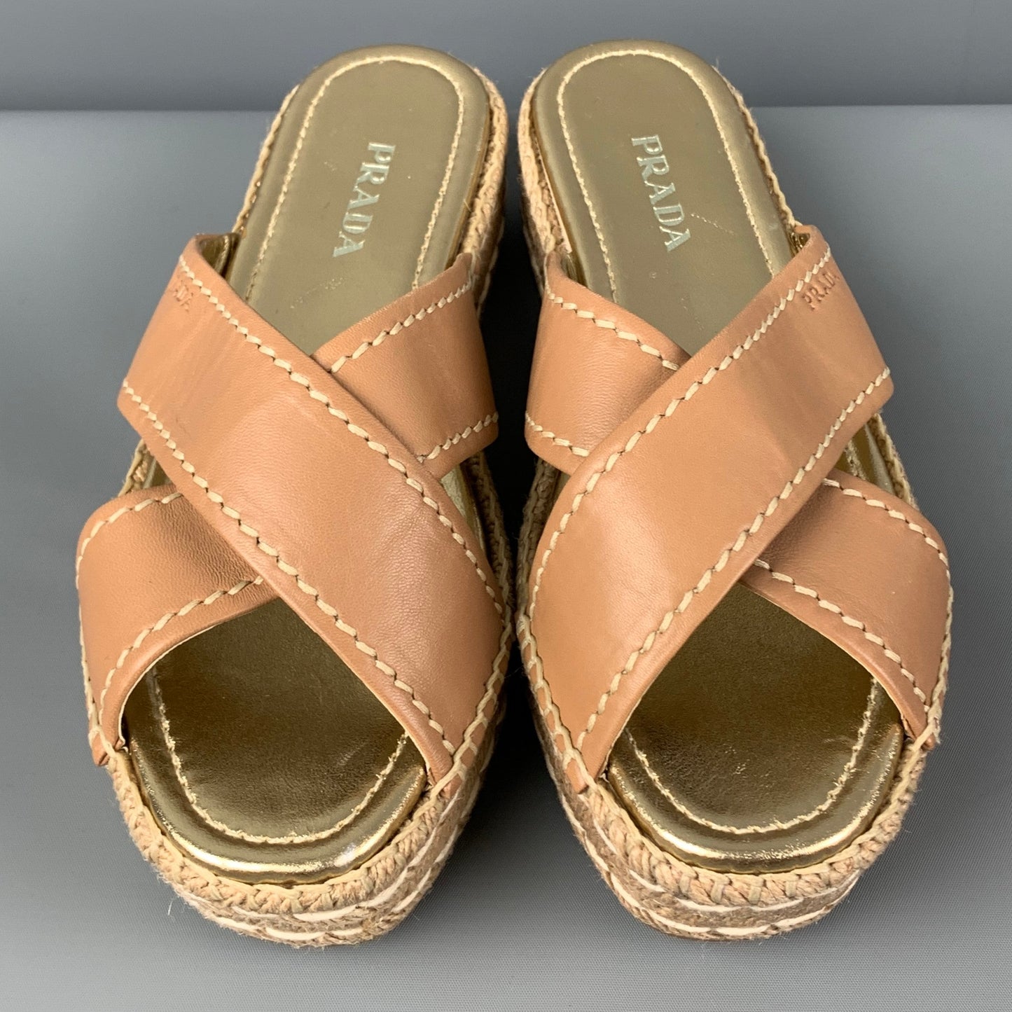 PRADA Size 10 Tan Gold Leather Espadrille Sandals