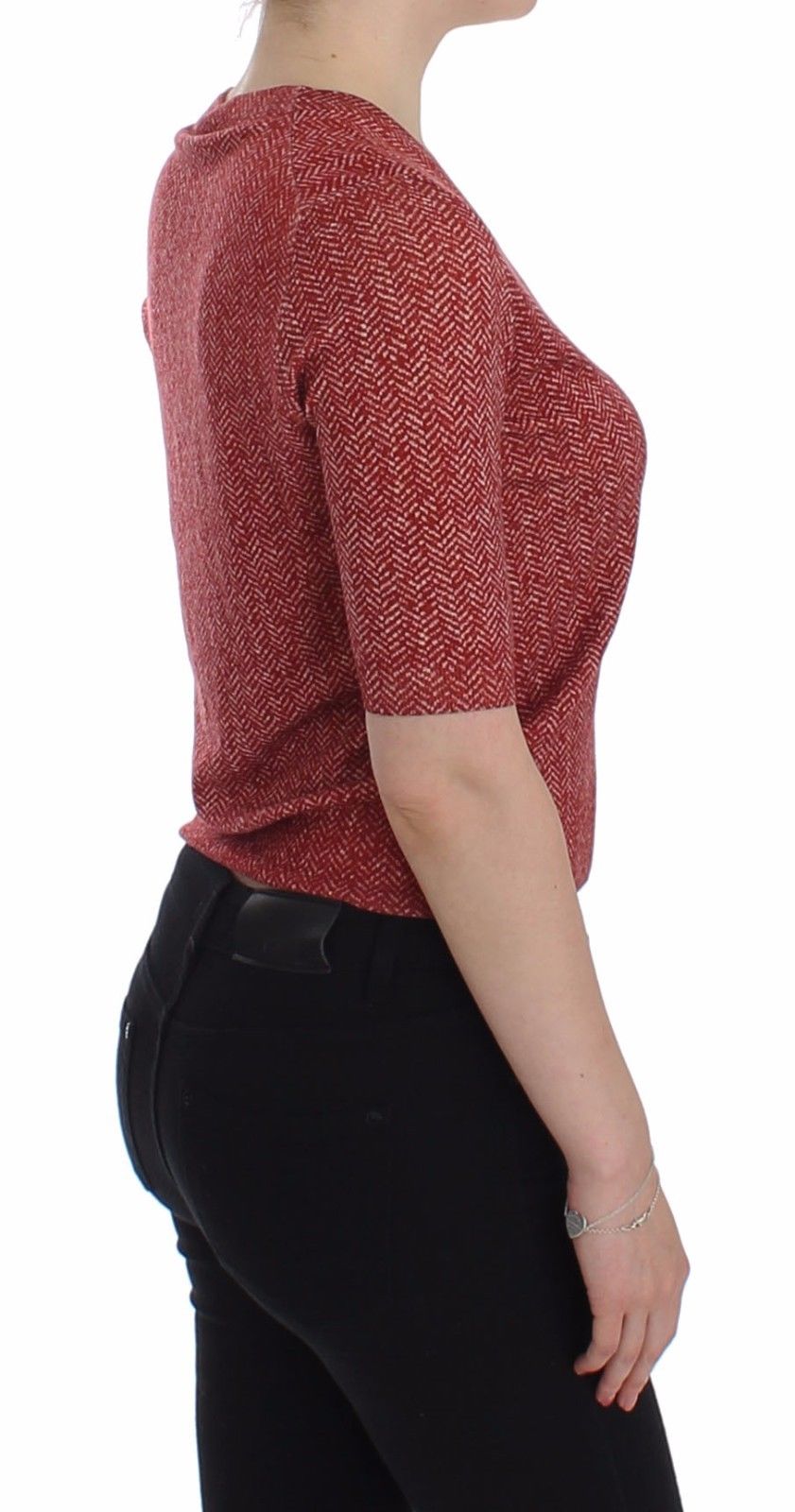 Dolce & Gabbana Red Wool Tweed Short Sleeve Sweater Women's Pullover