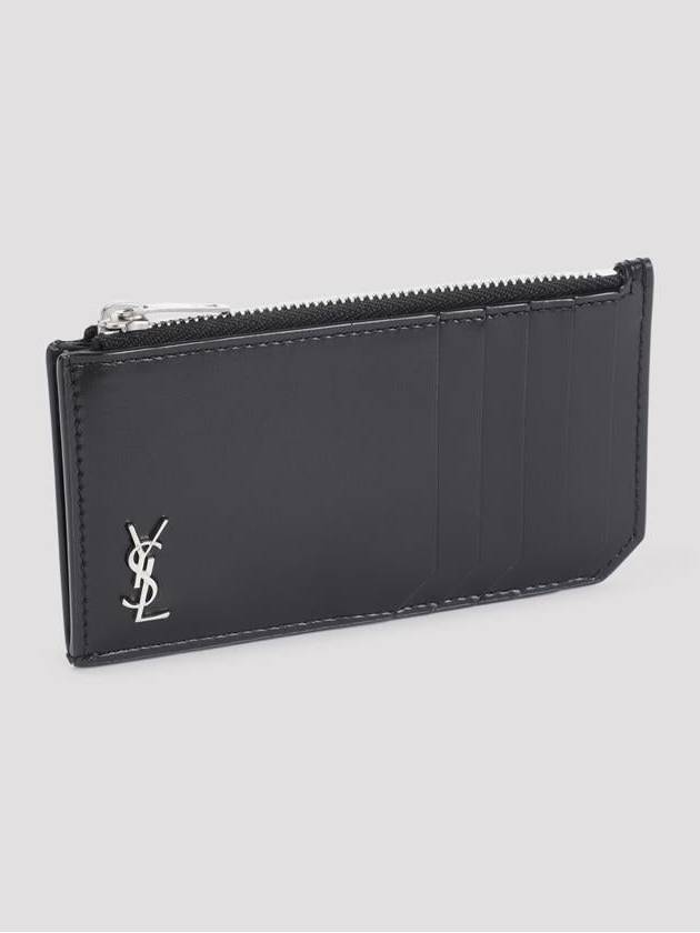 Saint Laurent Tiny Cassandre Fragments Silver Hardware Leather Zipper Card Wallet Black