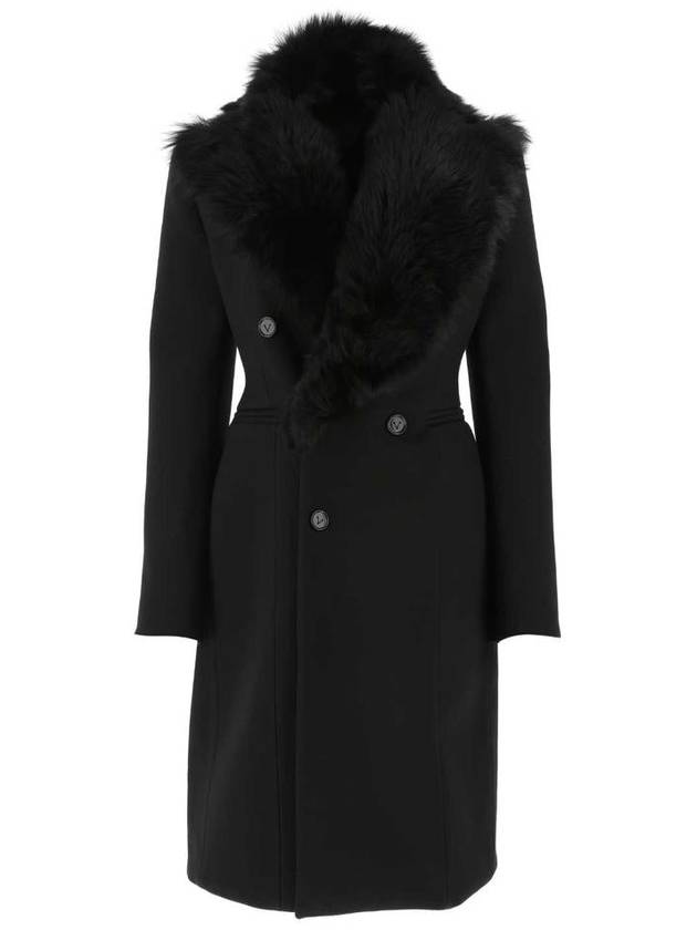 Bottega Veneta Detachable Shearling Collar Wool Slim Fit Double Coat Black