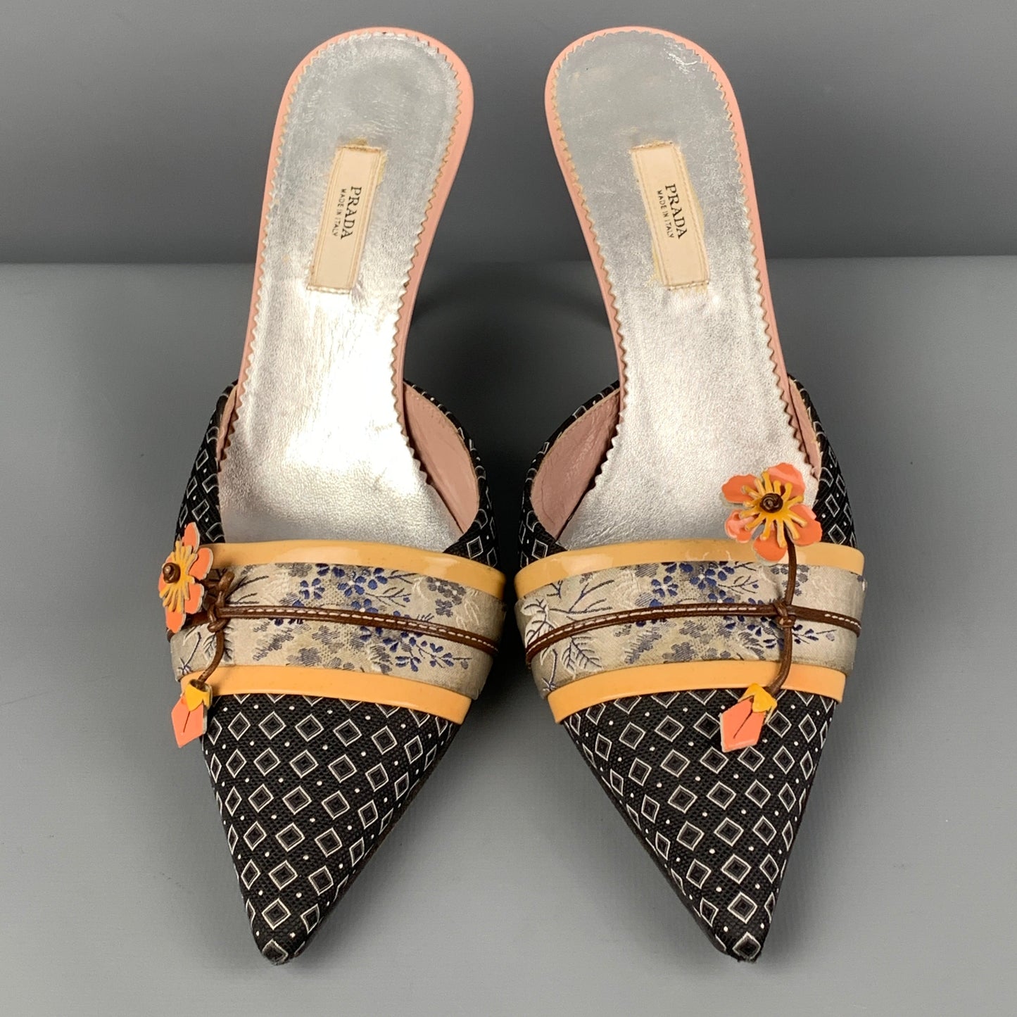 PRADA Size 6.5 Navy Silk Applique Pointed Toe Pumps