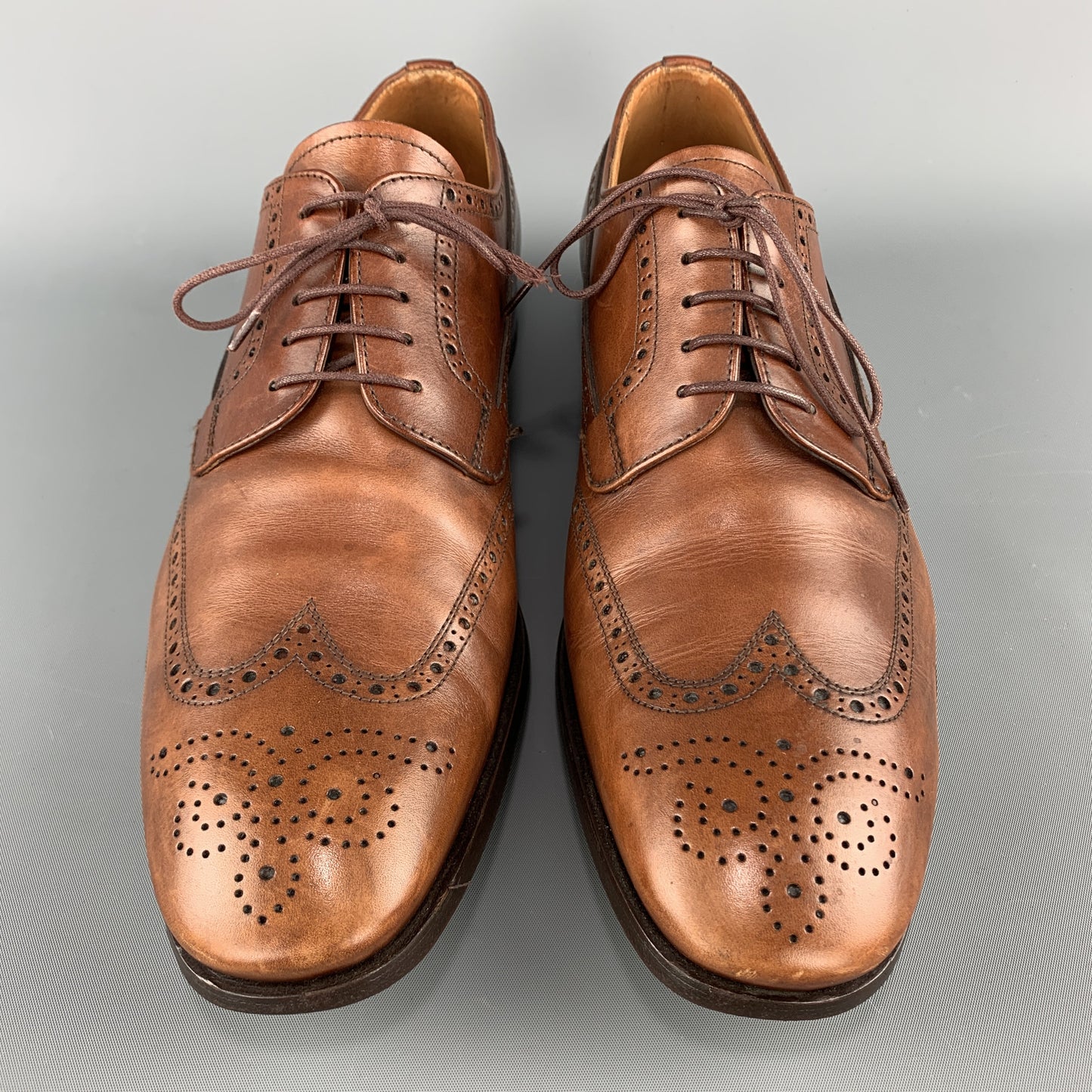 PRADA Size 10.5 Tan Leather Wingtip Lace Up Brogues
