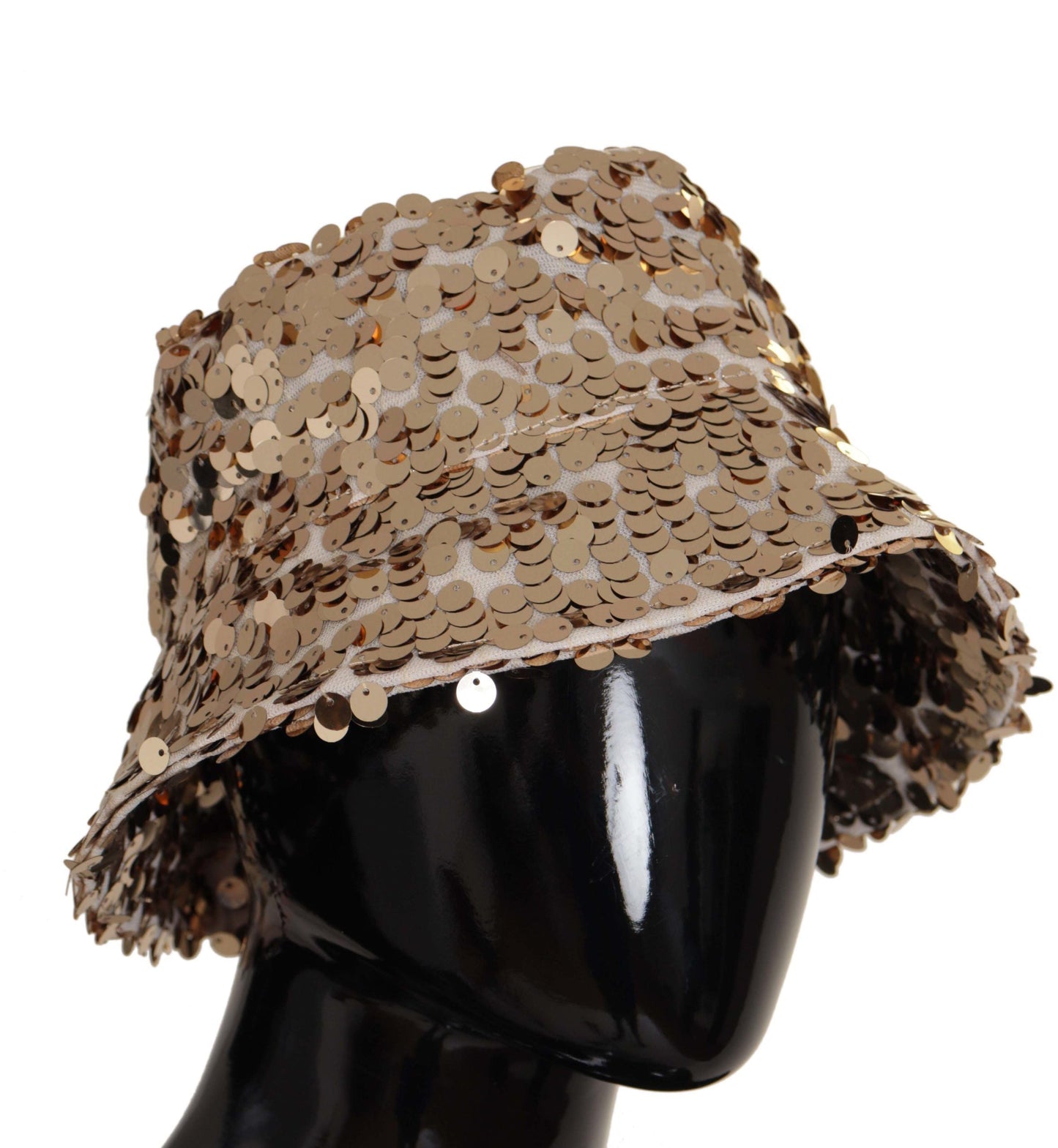 Dolce & Gabbana Gold Silk Sequin Embellished Designer Brim Bucket Women's Hat