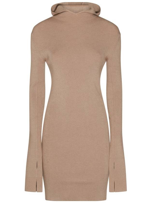 Fendi Long Sleeve Hooded Wool Silk Short Dress Beige