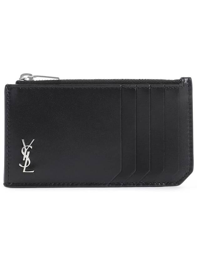 Saint Laurent Tiny Cassandre Fragments Silver Hardware Leather Zipper Card Wallet Black