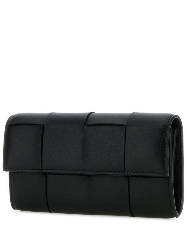 Bottega Veneta Cassette Flap Leather Long Wallet Black